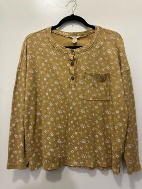 Madewell Mustard Yellow Floral Waffle Henley Top Sz S